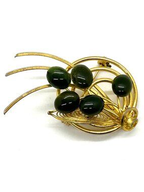 Vintage Gold-Tone Brooch With Green Stone Accents Retro Floral Design Pin